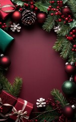 Obraz premium Christmas Frame with Gifts and Ornaments on Burgundy Background Holiday