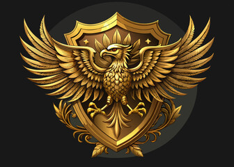 Fototapeta premium Golden Heraldic Eagle with Ornate Shield Emblem in Renaissance Style