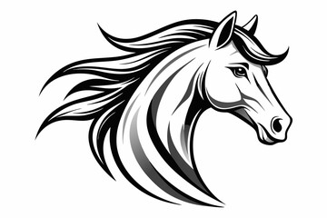 Elegant Horse Head Portrait with Flowing Mane in Black and White Line Art