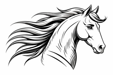 Elegant Horse Head Portrait with Flowing Mane in Black and White Line Art