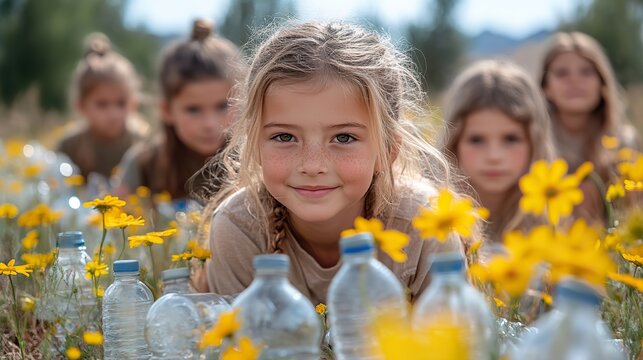 A group of kids looking at plastic bottles, learning about recycling and environmental responsibility
