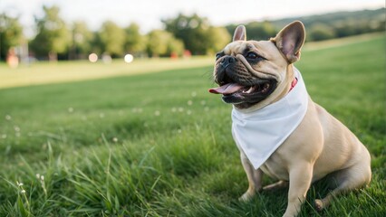 Fototapeta premium Close up of a happy dog wearing Blank white bandana mockup while facing camera. 