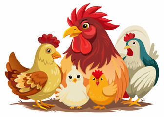Cartoon Chicken Family Illustration with Vibrant Colors and Cute Farm Animals