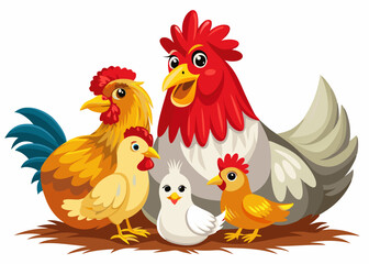 Cartoon Chicken Family Illustration with Vibrant Colors and Cute Farm Animals