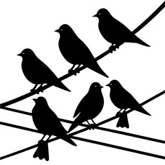Black and White Illustration of Silhouette Birds Perched on Wire