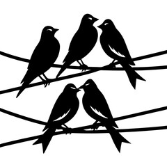 Black and White Illustration of Silhouette Birds Perched on Wire