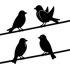 Black and White Illustration of Silhouette Birds Perched on Wire