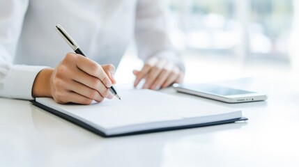 professional sales or marketing setting close-up of person writing in notebook