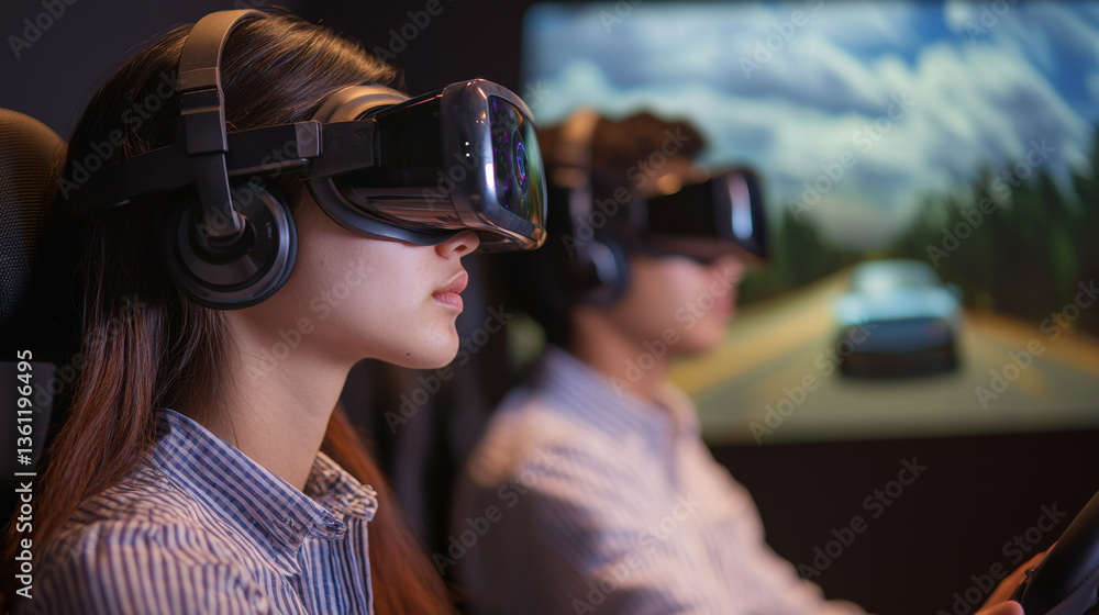 Poster immersive virtual reality experience with users engaged in simulation stem ( science, technology, en