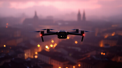 drone flying over cityscape at dusk, capturing stunning views. STEM ( Science, Technology, Engineering, Mathematics )