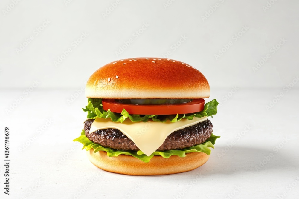 Aufkleber 3d cheeseburger model with lettuce tomato and cheese displayed on contrasting simple background