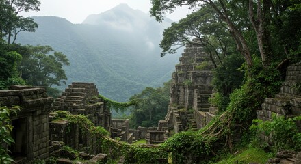 Ancient Stone Ruins Overgrown by Lush Jungle Vegetation in Misty Mountains