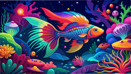 Vibrant Underwater World with Colorful Tropical Fish and Bioluminescent Sea Creatures