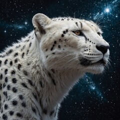 Obraz premium A celestial white cheetah with stardust in its fur, gazing into the infinite cosmos.