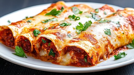 Closeup of Three Red Sauce Enchiladas Topped with Cheese and Cilantro