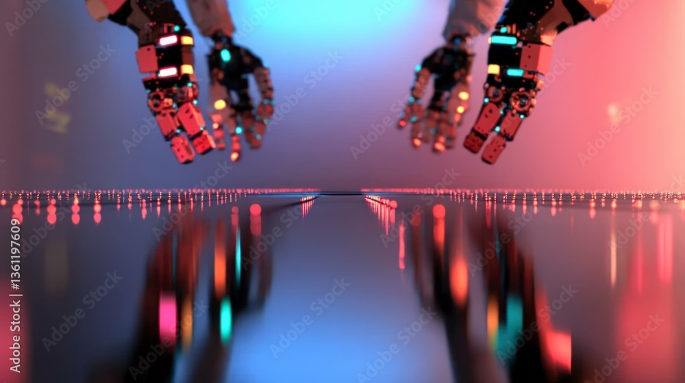 Poster futuristic robotic arms constructing innovative structures