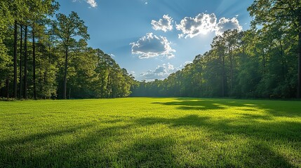 Obraz premium A lush green field surrounded by tall trees under a bright blue sky with fluffy white clouds, creating a serene and peaceful atmosphere that invites relaxation and contemplation