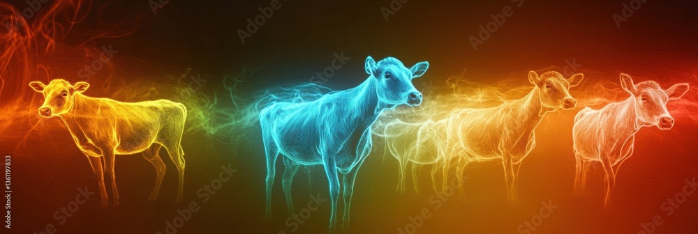 Aufkleber Surreal abstract composition featuring glowing farm animals in a dreamlike atmosphere with vibrant gradients during twilight hours Generative AI