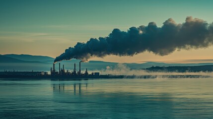 Obraz premium Dramatic sunrise over industrial plant emitting dark smoke across calm water.