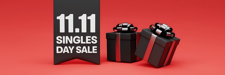 A vibrant red background with a prominent black banner displaying '11.11 SINGLES DAY SALE', complemented by two black gift boxes with shiny ribbons, perfect for promotional visuals or sales campaigns.