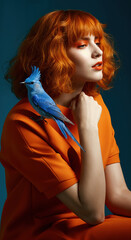 A young woman with vibrant red hair and a strong gaze poses with a striking blue bird perched on her shoulder. The contrast between the orange outfit and the blue bird creates a powerful and symbolic 