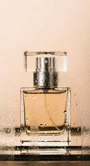 A sleek perfume bottle rests behind a glass pane covered in droplets, creating a sensual and refined aesthetic. The soft lighting and peach-toned background give the image a sophisticated and contempo