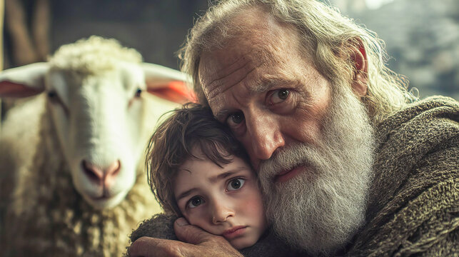 Unique representation of Abraham and Isaac in the binding of isaac story from the bible. Angel prevents Abraham from sacrificing his son Isaac. A sheep in the background that will become the sacrifice