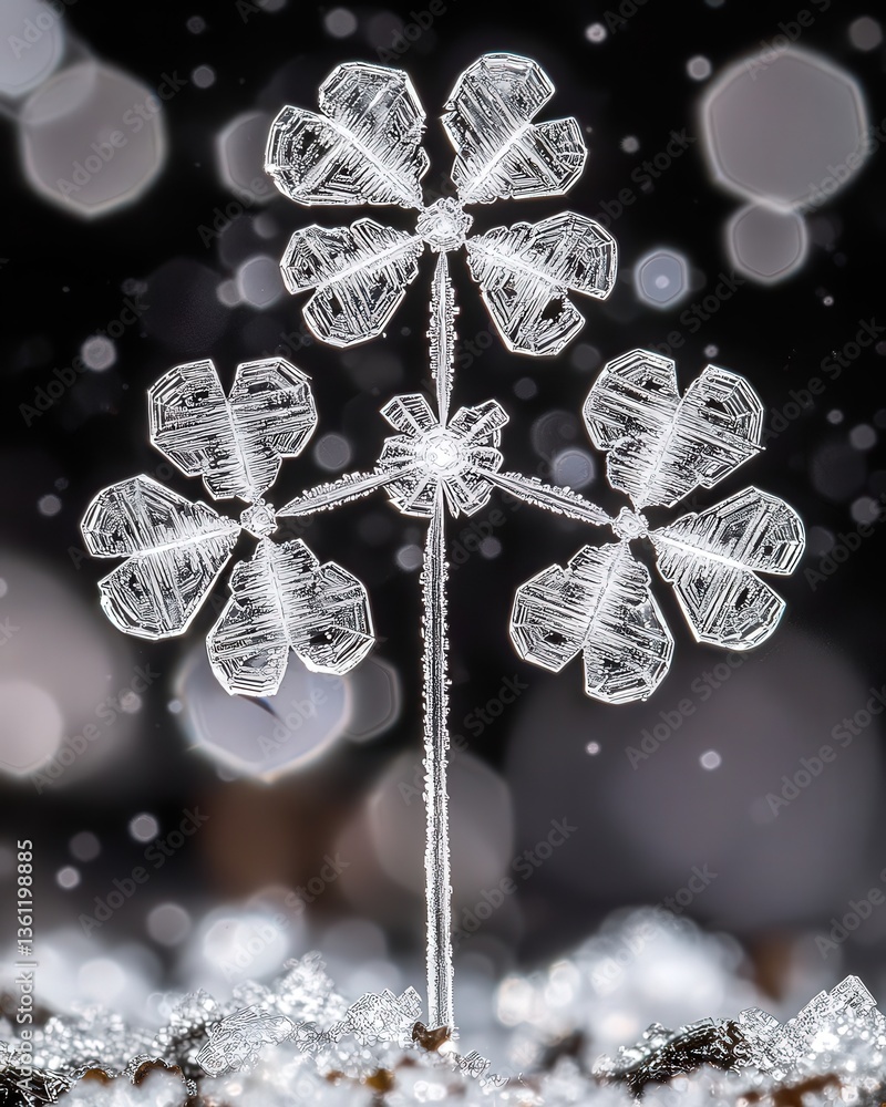 Poster intricate snowflake resembling a clover, showcasing unique crystalline structure. macro photography 