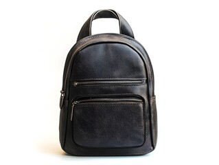 Fototapeta premium Stylish Black Leather Backpack with Multiple Compartments on White Background