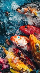 Seafood market stall displays vibrant fish arranged on ice in a busy setting. Vertical.
