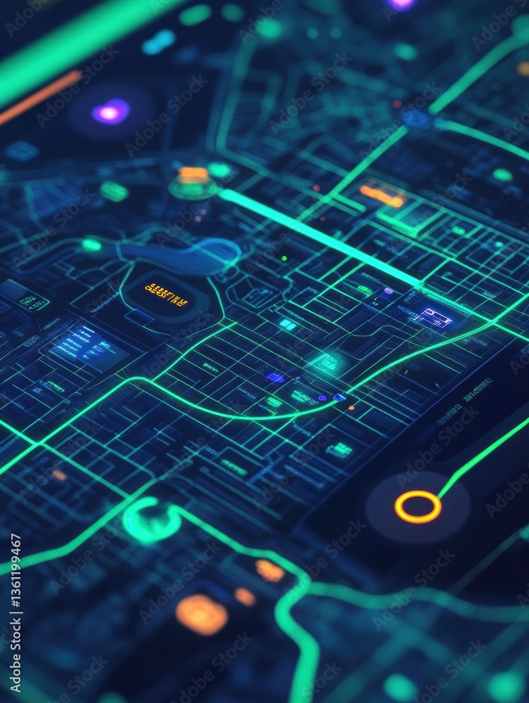 Poster interactive delivery route map showcasing grocery logistics with sleek design and neon aesthetics ge