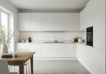 Fototapeta premium White kitchen with wooden table and chairs.