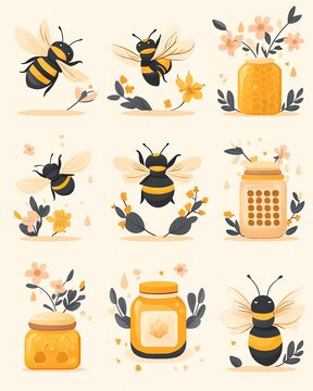 Charming bee illustrations with floral accents.