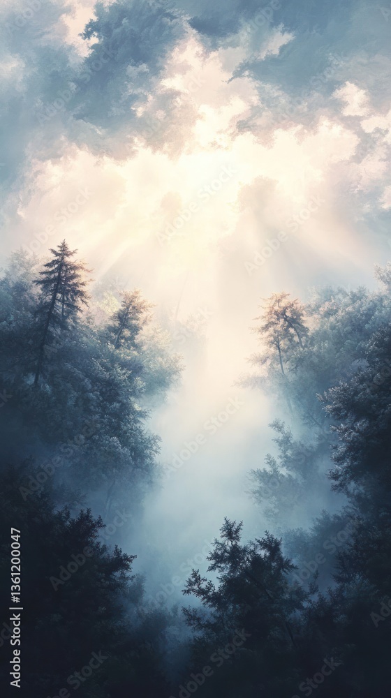 Poster sunlight streams through thick fog in a forest, creating dramatic light rays. vertical.