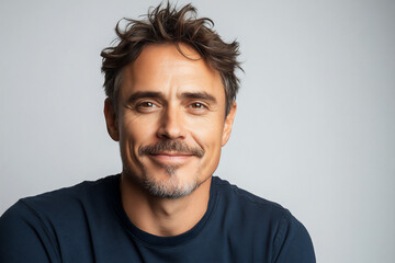 Fototapeta premium photo of an attractive italian man, with short hair and a goatee, wearing a dark blue t-shirt against a white background. he is smiling at the camera.