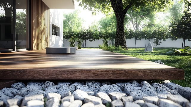 Minimalist Coastal Landscape Design with Modern Wooden Deck and Clean White Background