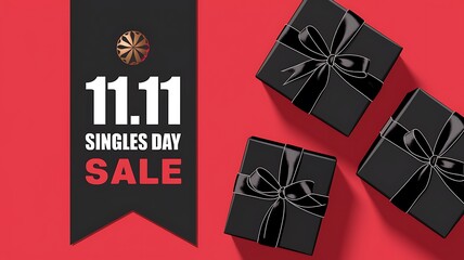 A vibrant red background with a prominent black banner displaying '11.11 SINGLES DAY SALE', complemented by two black gift boxes with shiny ribbons, perfect for promotional visuals or sales campaigns.