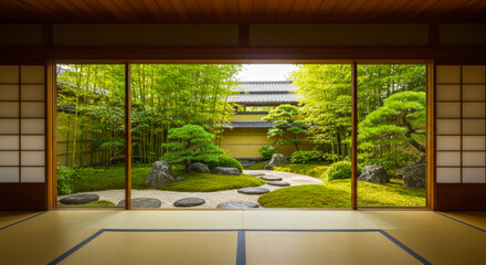 和室から眺める四季の日本庭園