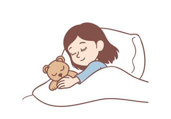 Little girl  sleeping with eyes closed on bed with her teddy bear toy. Hand drawn style vector design illustrations.
