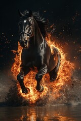 Fototapeta premium Black Horse Running Through Fiery Water at Night