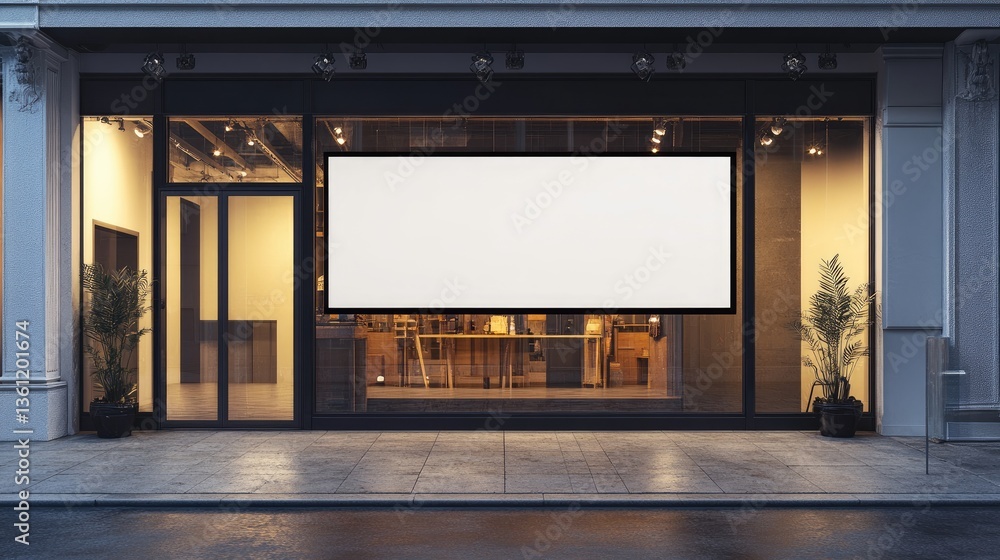Poster A blank storefront sign above an empty shop window, creating a clean and versatile space for custom business branding or product displays