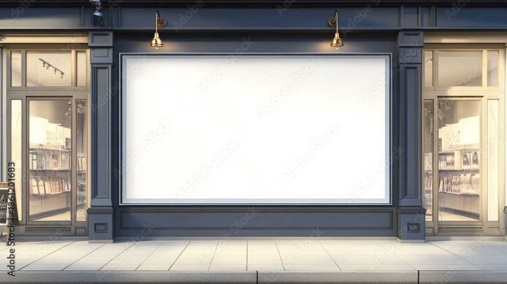 Poster a blank storefront sign with a simple, clean shop window, perfect for showcasing various types of sh