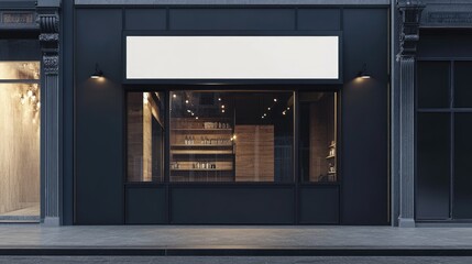 A blank storefront sign above an empty shop window, creating a clean and versatile space for custom business branding or product displays