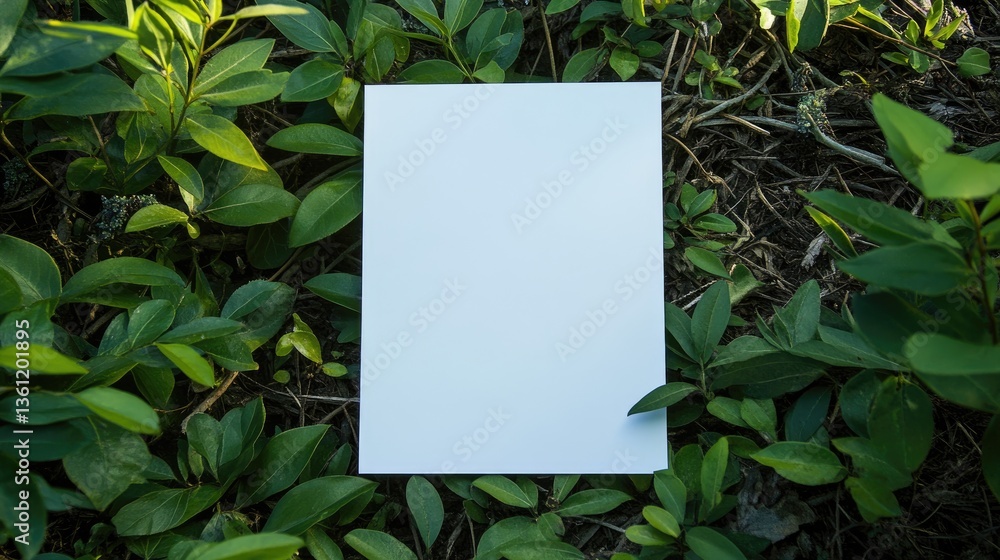 Poster A blank white paper sheet placed on a backdrop of fresh green leaves, perfect for design or message customization in a natural setting