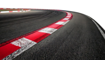 close up view of a race track corner showcasing tire marks and red and white striped curb isolated on transparent white background. 