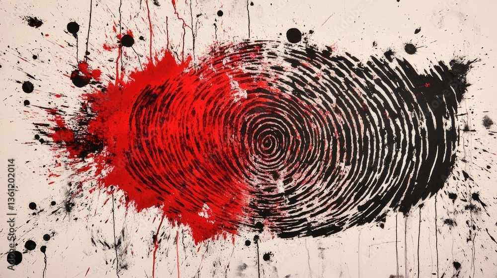 Poster a bold, abstract fingerprint captured with red and black ink splashes, offering a modern take on ide