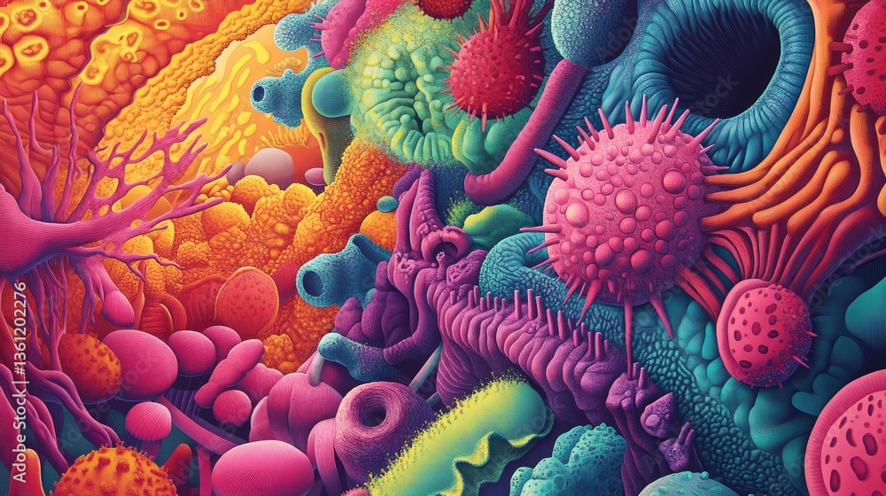 Leinwandbilder a bright and colorful illustration of a virus in a microscopic view, with intricate details that sho