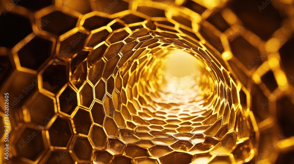 Poster A captivating golden honeycomb pattern, forming a tunnel texture with intricate details, creating a luxurious and modern visual effect