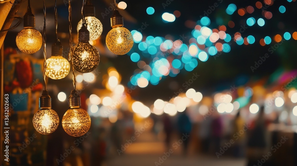 Poster a captivating scene of glowing edison bulbs hanging at a night market, with vibrant bokeh lights in 