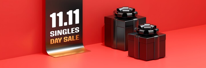 A vibrant red background with a prominent black banner displaying '11.11 SINGLES DAY SALE', complemented by two black gift boxes with shiny ribbons, perfect for promotional visuals or sales campaigns.
